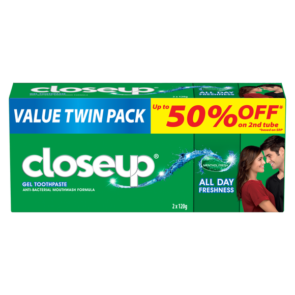 CLOSE UP TPASTE MENTHOL TWIN PACK 2X120G SAVE 50% OFF